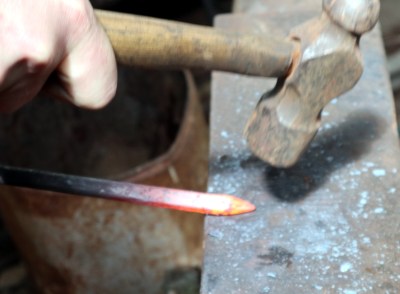 Forging a point, the piece of stock is held at an angle to the face of the anvil and rotated, while it is hammered to the desired angle.