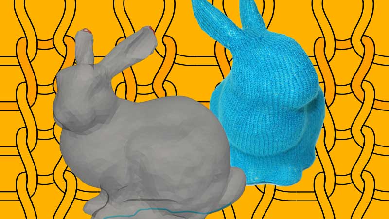 a 3d mesh of a rabbit, and a knit version of the same