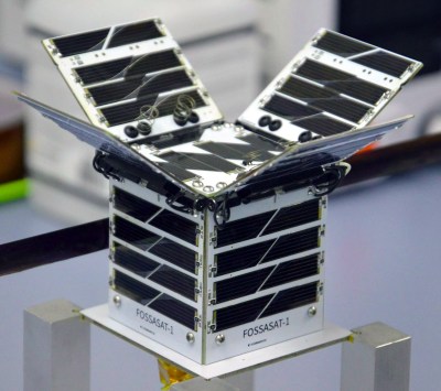 FossaSat-1, with solar panels deployed.