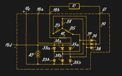The schematic of a simple automotive alternator, from US patent 3329841A filed in 1963 for Robert Bosch GmbH .