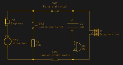 A grotesquely simplified schematic of a dial phone. In this diagram SW2 is open and SW3 is closed, so the handset is off the cradle but the dial is not in use..