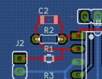 Both R1 and R2 are supposed to be 0805 SMD parts.