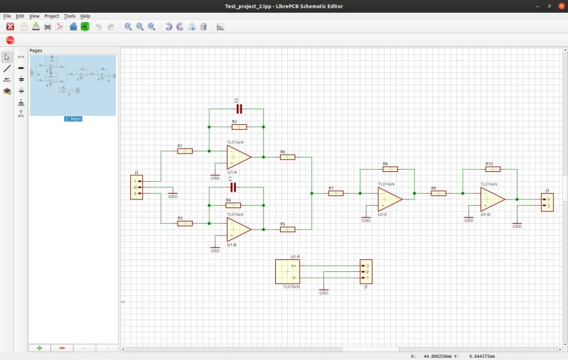The schematic editor in action, with my simple op-amp mixer as a test project.