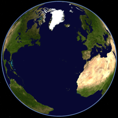 The North Atlantic ocean viewed on a spherical globe projection.