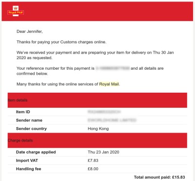 An email from Royal Mail in January 2020 showing a £8 handling charge for paying VAT on a package
