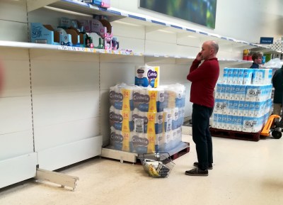 Empty supermarket shelves in March 2020