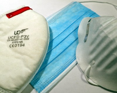 A variety of commercial masks, left to right: FFP3 industrial dust mask, T32610-2016 surgcal-style mask, very cheap unrated single layer dust mask.ic