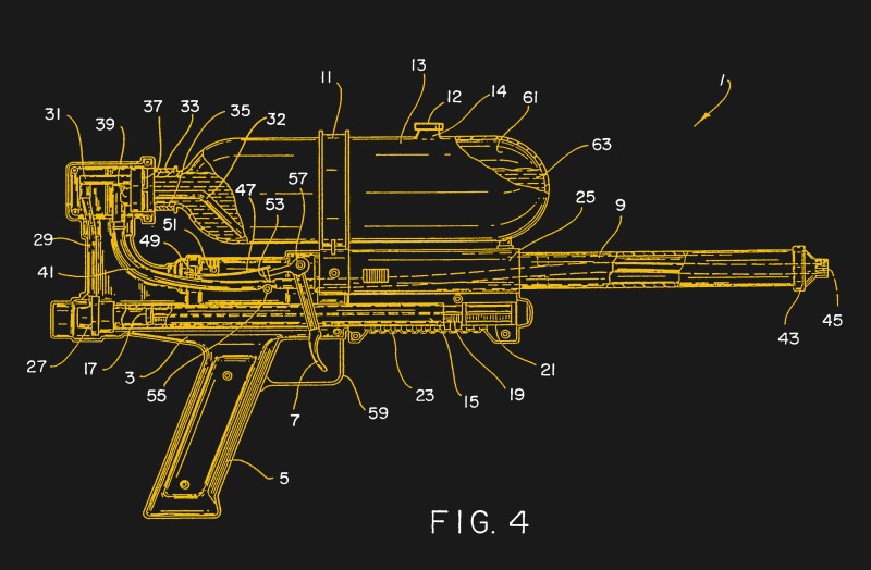 The Super Soaker, cut away to reveal its inner workings. From US patent 5305919B1.