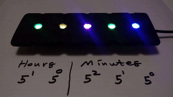 Colorful Quinary Clock Makes The Most Out Of Five Neopixels | Hackaday
