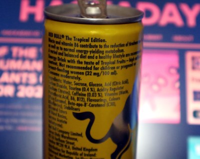 This British-market Red Bull can even carries a health advisory warning over its caffeine content.