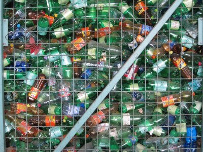 Used plastic bottles collected for recycling.