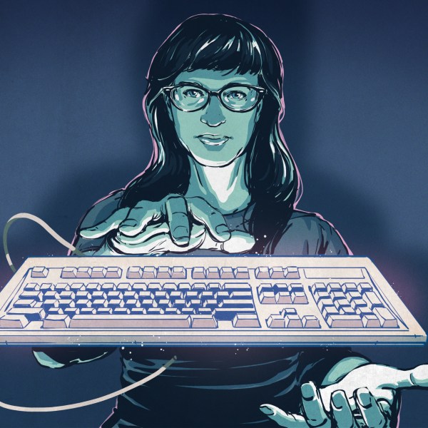 Illustrated Kristina with an IBM Model M keyboard floating between her hands.