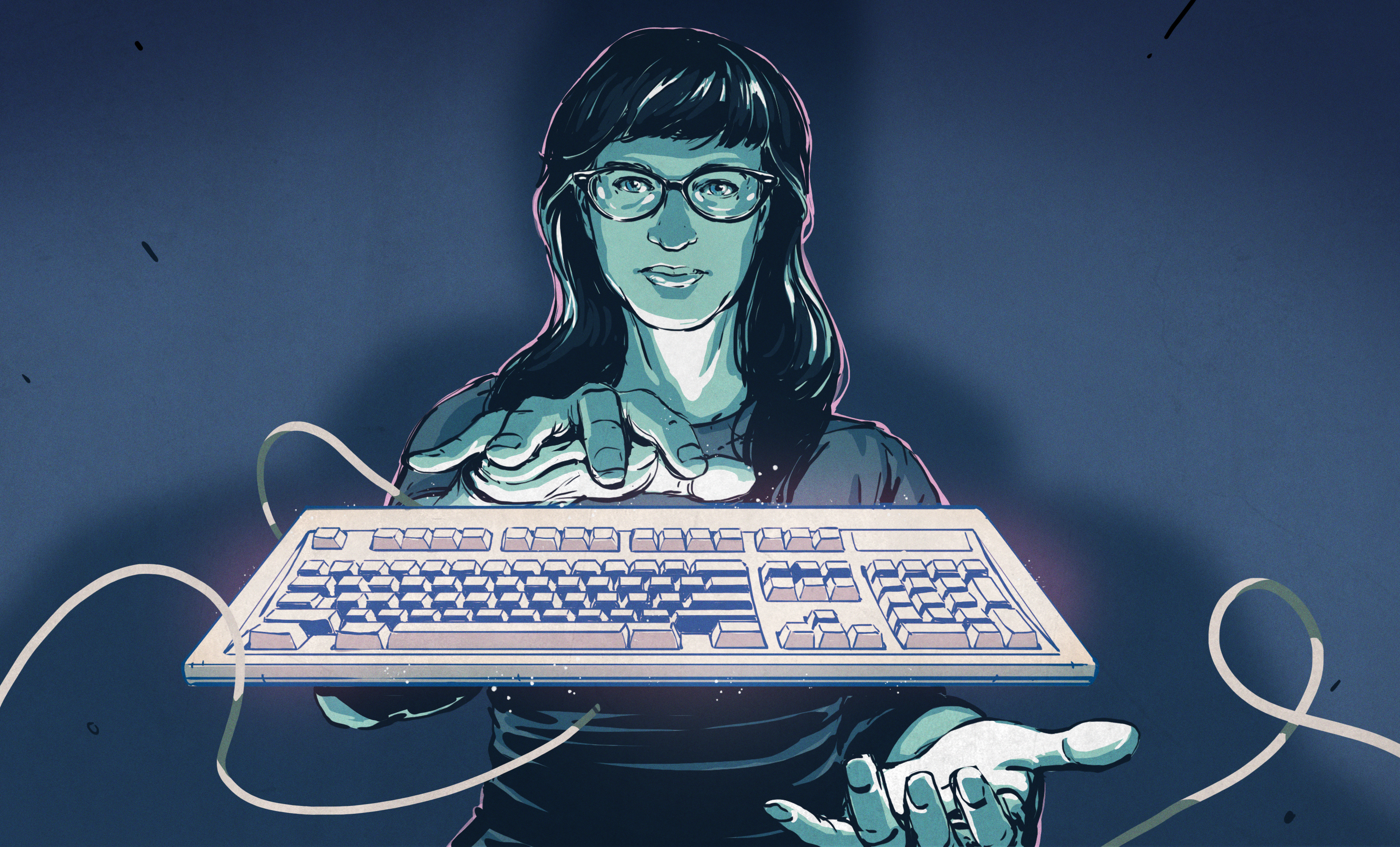 Illustrated Kristina with an IBM Model M keyboard floating between her hands.