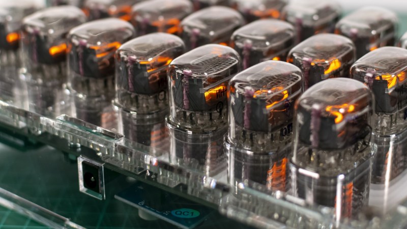 Rows of nixie tubes in clear acrylic