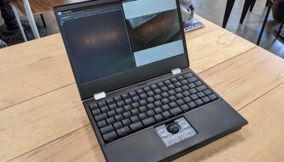 a view of the inside of a MNT Reform laptop, showing screen and keyboard