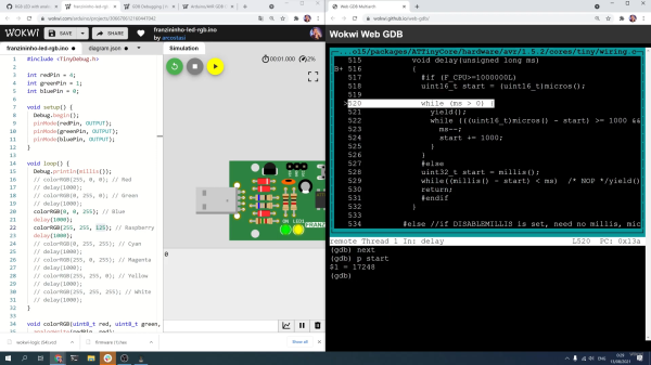 Screenshot of debugging the Wokwi Arduino simulator