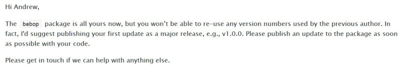 NPM bebop package ownership obtained