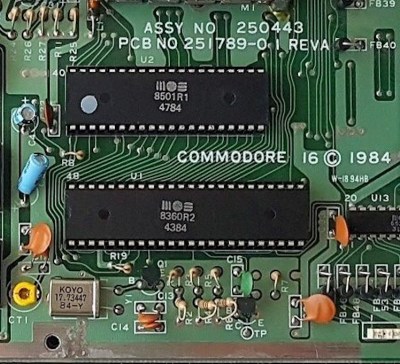 TED and processor chips on a Commodore 16 motherboard