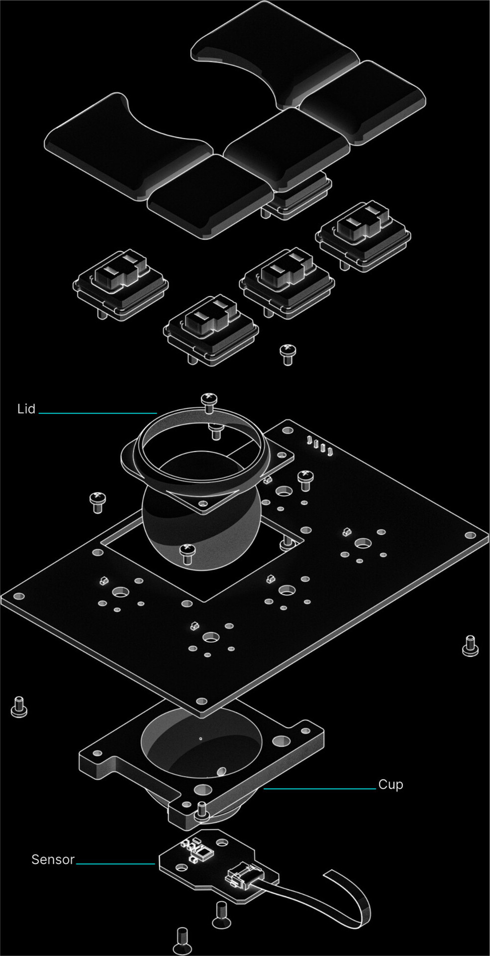 an exploded mechanical drawing of the Reform trackball module