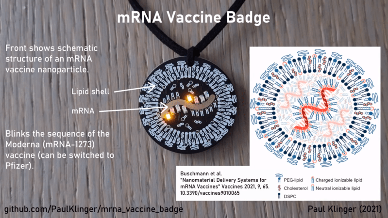 mRNA badge next to an image of the actual Moderna vaccine nanoparticle.