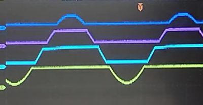 Oscilloscope photo showing the output signals from each of the quantizer's four op amps. They are positioned staggered on the screen so that you can see the original sinusoidal signal clearly.