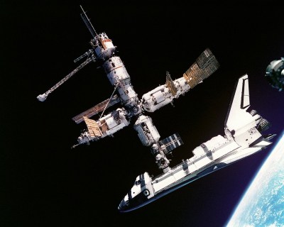 Space Shuttle docked to Mir space station in 1995.