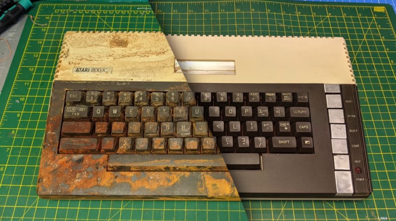 An Atari 800 XL, partially covered in battery residue