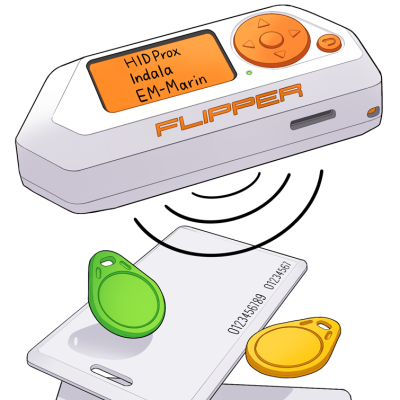 Drawing of Flipper Zero and a variety of RFID tags