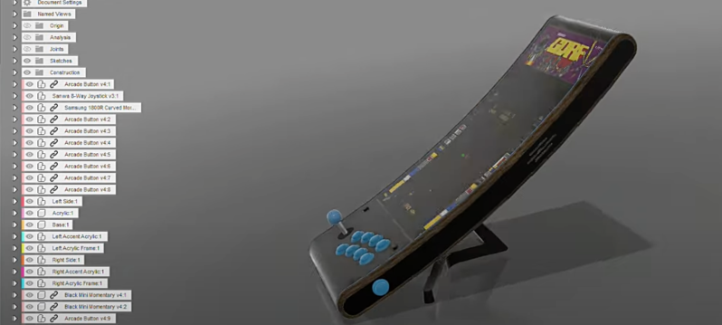 a render of the curved bartop arcade machine in fusion 360