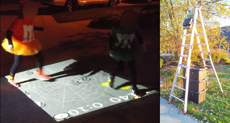 Left: kids stomping spiders projected on a driveway. Right: the setup.