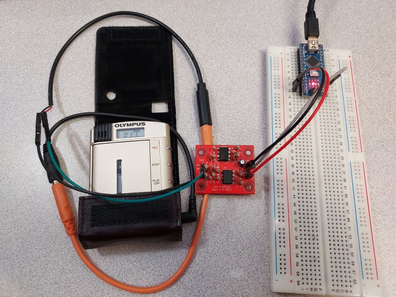 An Arduino Nano connected to a portable tape recorder