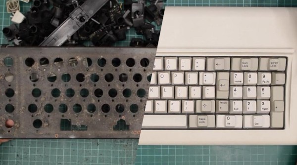 A composite of a disassembled and reassembled Model F keyboard