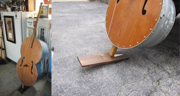 A one-string bass violin made from two washtubs, some plywood, a Louisville Slugger, and some weed whacker line.