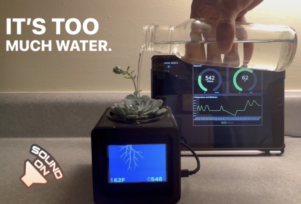 IoT flower pot monitors moisture and temperature levels.