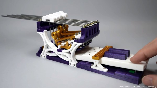 A 3D-printed scale model of the mechanism inside a grand piano.