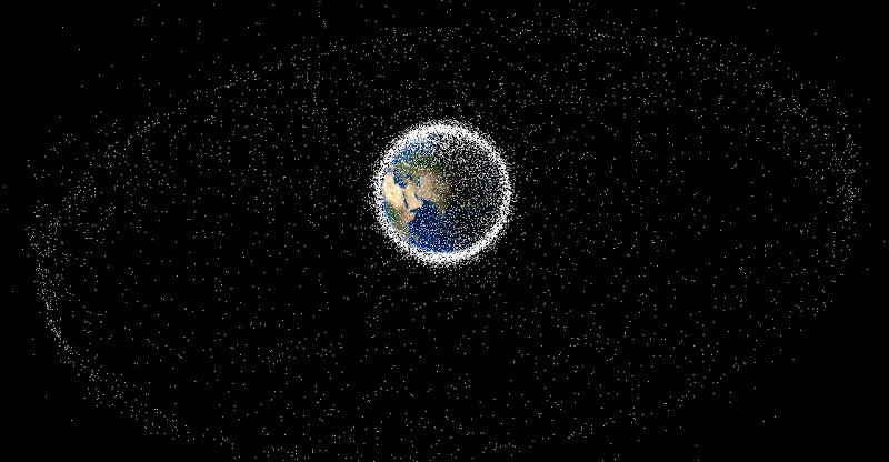 Earth seen from space, surrounded by a cloud of white dots representing orbiting satellites and debris