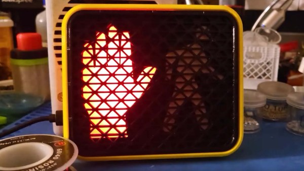 A scaled down version of a pedestrian crossing signal