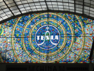 Stained glass window with logo of the Czechoslovak company Tesla Radio in Pasáž Světozor, Vodičkova ulice, Praha.  Author: František Hudeček.