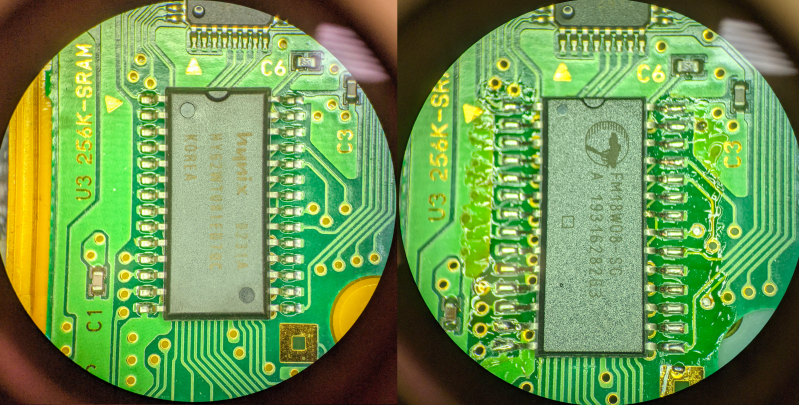 the conversion from hynix SRAM to FRAM on a Pokemon Yellow PCB