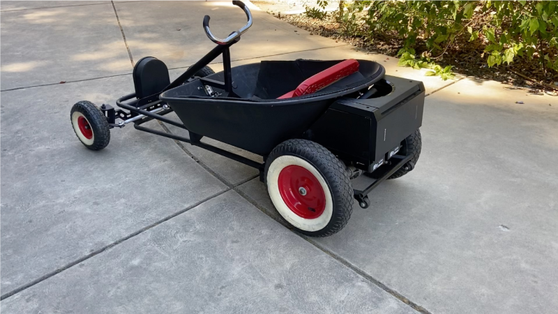 An electric mini rat rod made from mostly recycled parts.