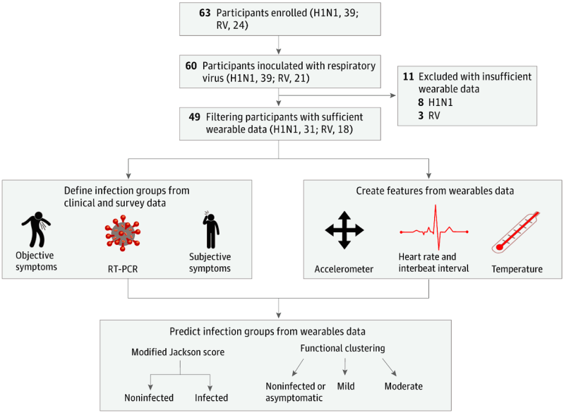 flow chart for Assessment of the Feasibility of Using Noninvasive Wearable Biometric Monitoring Sensors to Detect Influenza and the Common Cold Before Symptom Onset paper
