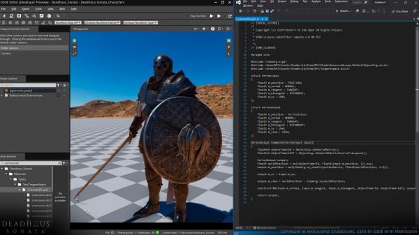 Open 3D Engine editor with Amazon Shader Language file and asset from the game Deadhaus Sonata open. (Credit: O3DE project)