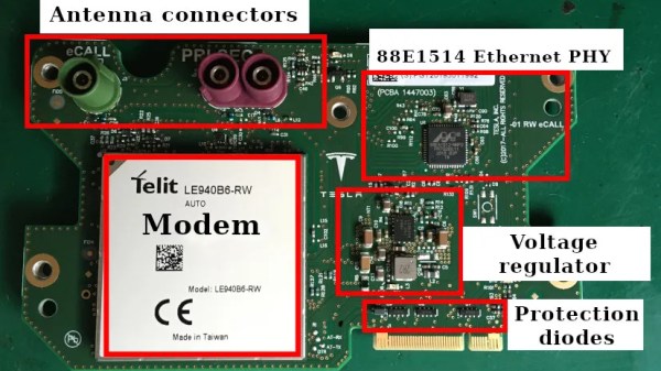 An image describing parts of a Tesla modem board