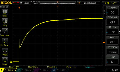 A transient plot showing voltage rising over about 50 microseconds