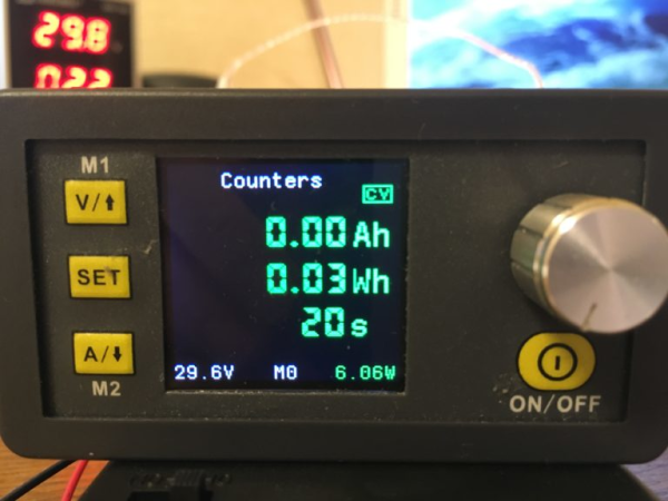 Hacked DSP5005 unit showing amp-hours screen
