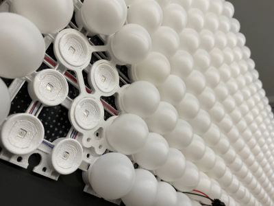 Detail of an LED display made using ping-pong balls