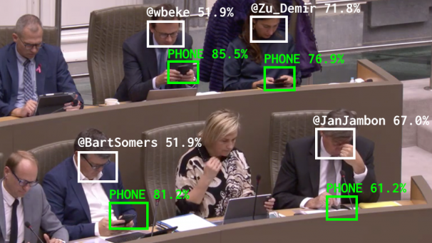 People in meeting, with highlights of detected phones and identities