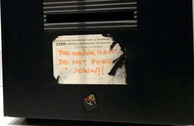 "This machine is a server. DO NOT POWER IT DOWN!!" Tim Berners-Lee's famous sticker on the front of his NeXTcube, the first web server.