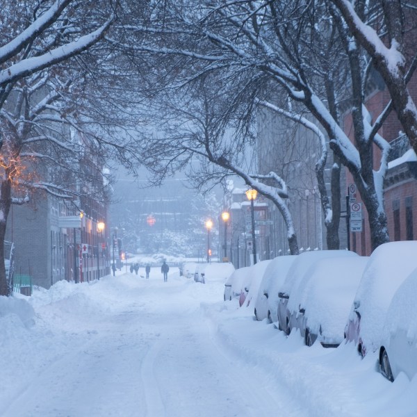 A snowy city street.