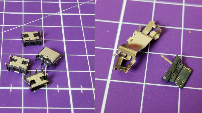 On the left, four through-hole USB-C connectors laid out on a purple cutting mat. On the right, a teardown picture shows that there's neither resistors nor CC connections inside such a connector, resulting in consequences described in the article.
